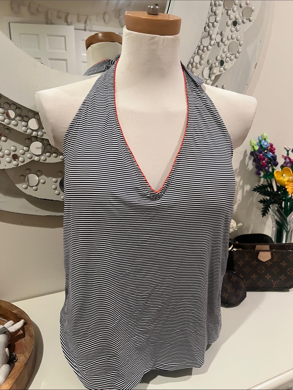 Anne Cole Navy & White Striped Halter Cami with Orange Trim 🍑